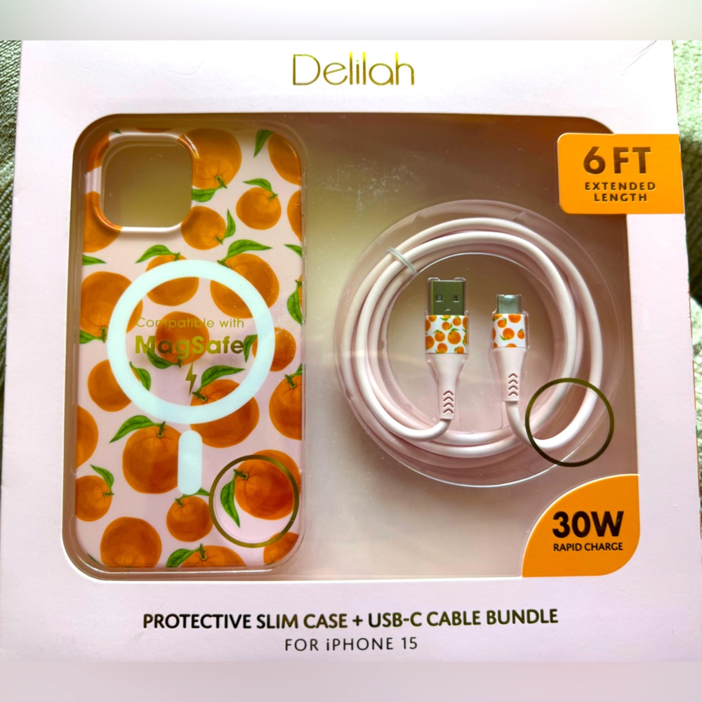 NEW! Delilah Orange Design Protective Slim Case + USB-C Cable for iPhone 15 - Picture 3 of 9